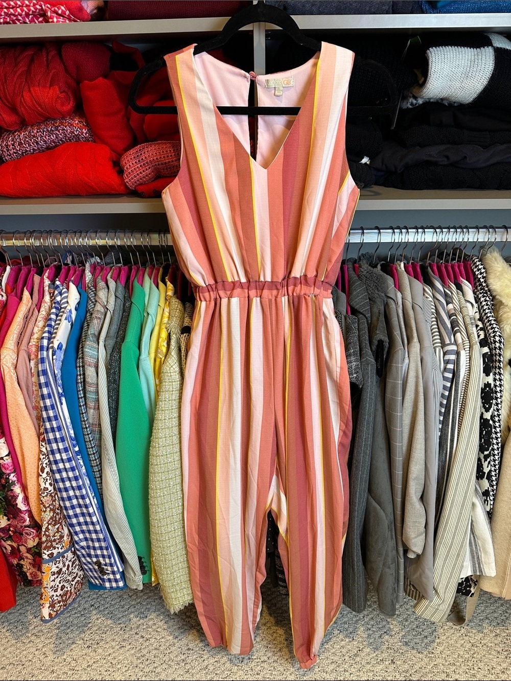 GB pink striped v neck elastic waistband sleeveless jogger style jumpsuit size S